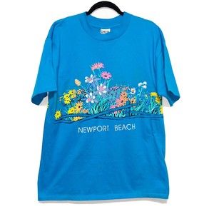 Vintage Oneita Blue Newport Beach Floral Tee